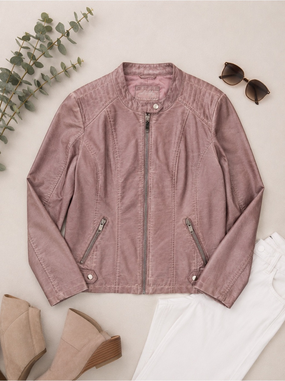 💖Sebby Collection Blush Pink Faux Leather Moto Jacket Women’s Large Biker Style💖